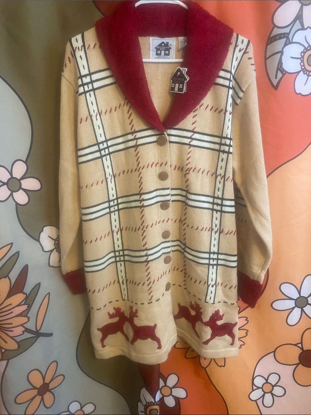NWT STORYBOOK Knits Patterned Reindeers textured collar and hem knit cardigan